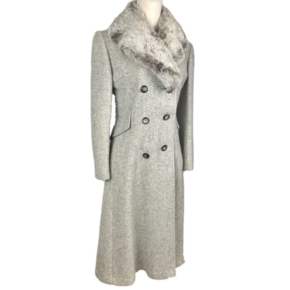 1970's Vintage Gray Wool Fur Collared Double Breasted Duster Coat - Picture 2 of 10